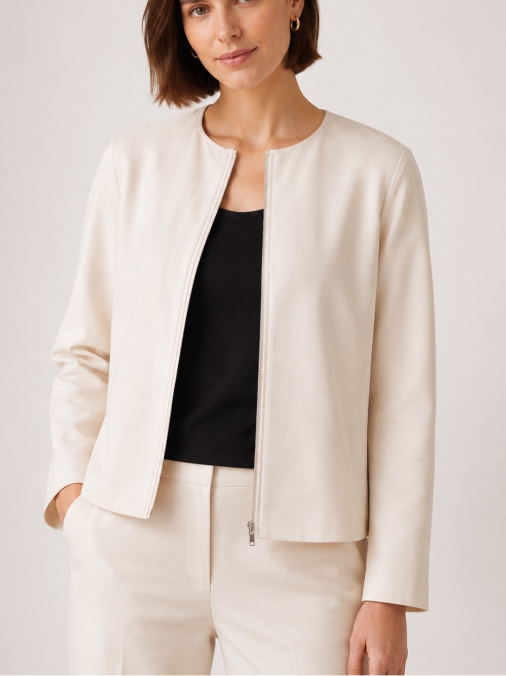 Eileen Fisher Organic Cotton Ponte Zip-Front Jacket in Heathered Cream Size M